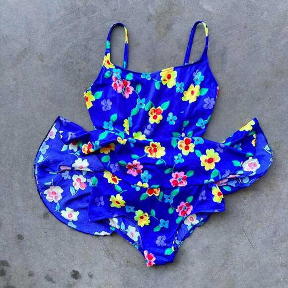 80s neon one piece swimsuit with bright blue and yellow floral pattern - Picture 2 of 8